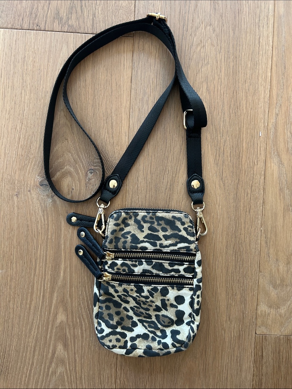 Chico's Leopard-Print Mini Crossbody in Black and Tan